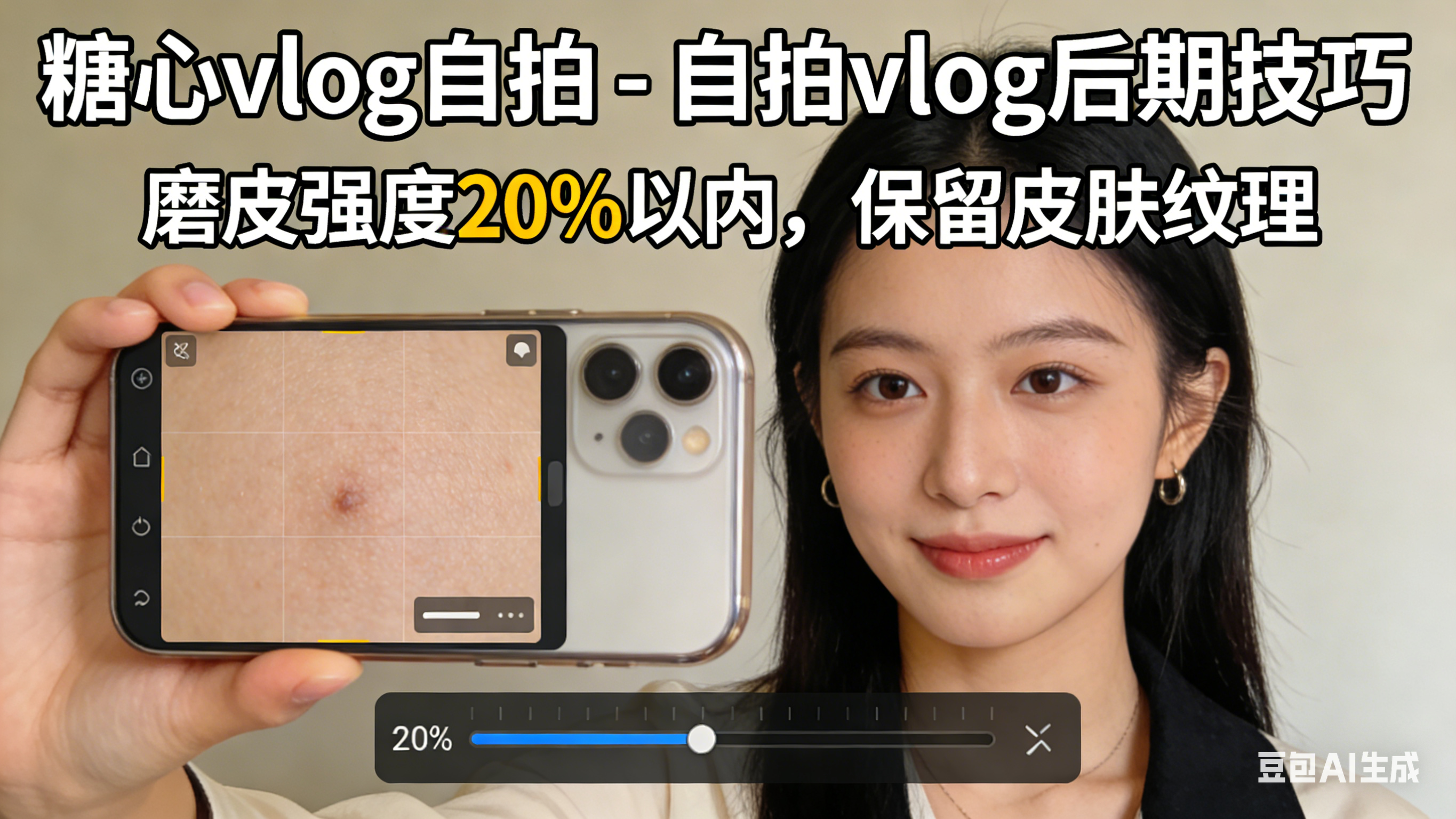 糖心vlog自拍 - 自拍vlog后期技巧，磨皮强度20%以内，保留皮肤纹理